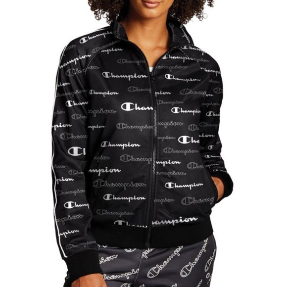 Champion Track Jacket with Allover Logo Print Size Small Black and white - Picture 1 of 12